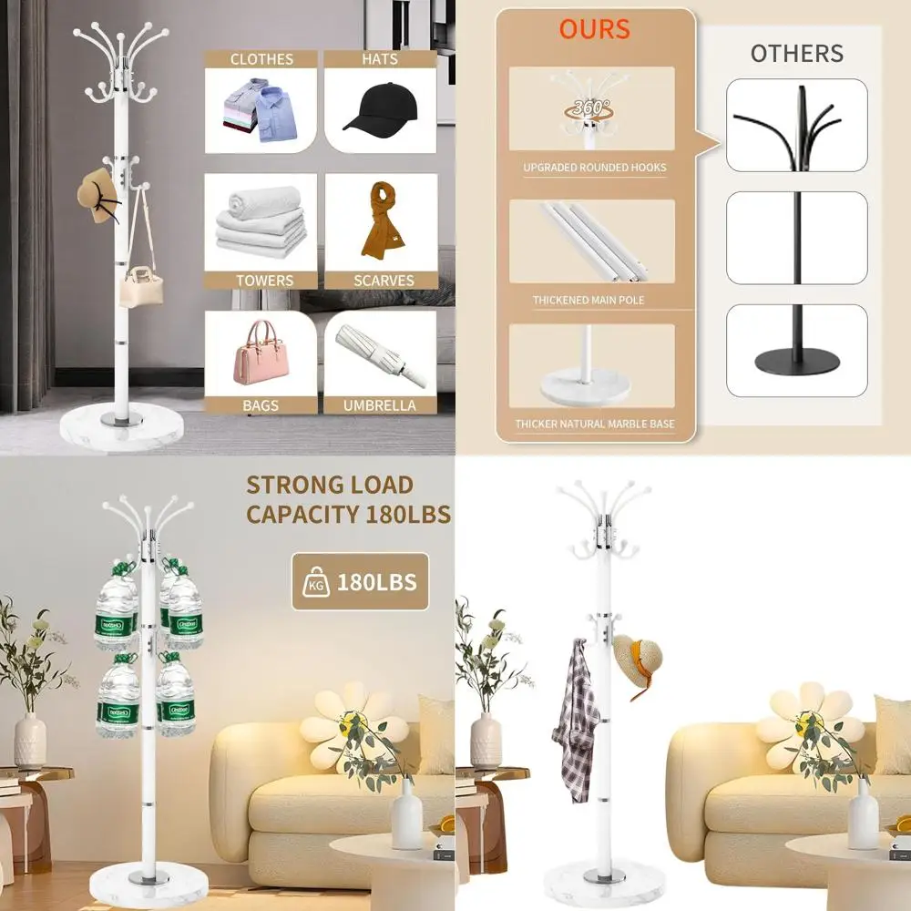 

Стильный 360° ° Вращающаяся сверхмощная вешалка для одежды с основанием из натурального мрамора, 16 крючков для современной прихожей или офиса