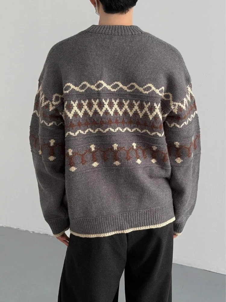 Men Vintage Fair Isle Jacquard Sweater Chic Dark Grey Contrast Henley Neck Oversized Cozy Knit Pullovers Top for Fall Winter