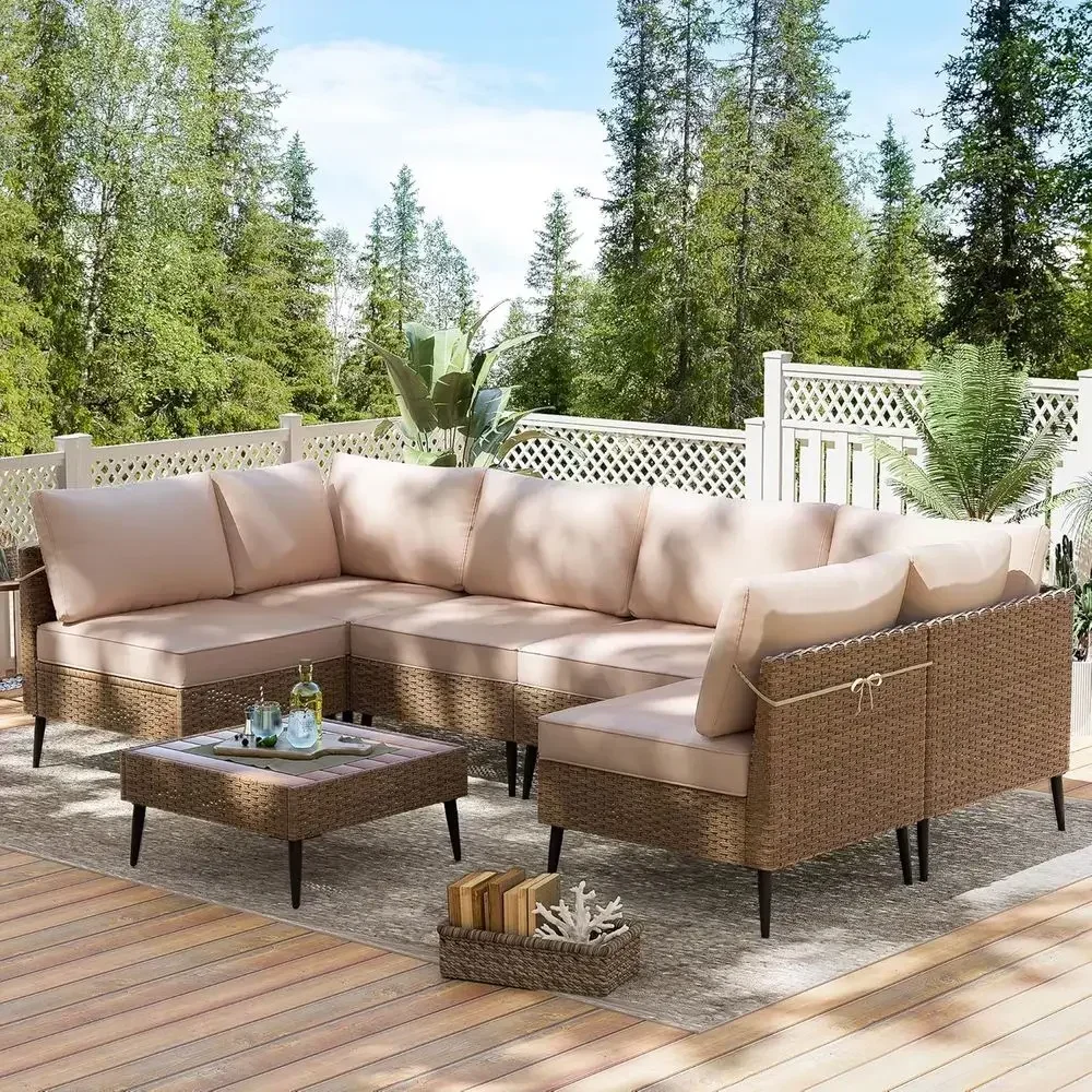 7-Piece Outdoor Patio Furniture Set with Rattan Sofa and Sectional Couch, Ideal for Garden, Balcony, Porch, and Courtyard, Water