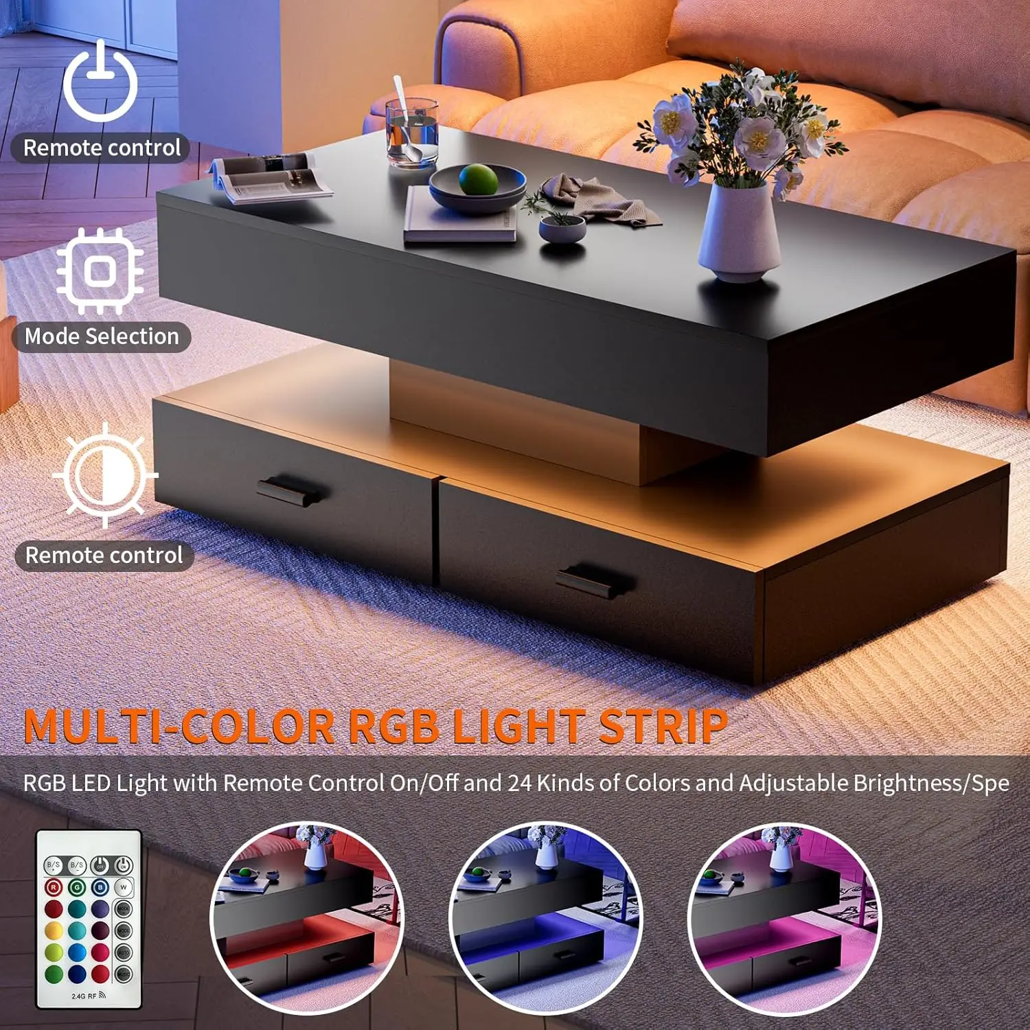 Mesa de centro grande de alto brilho de 47.2 "com 2 camadas, mesa de centro led para sala de estar, mesa central retangular com armazenamento oculto f