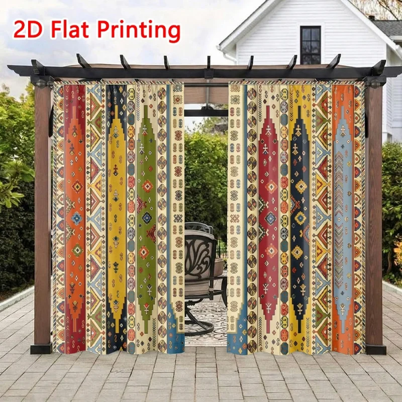 VIKAMA 2D Vibrant Geometric Pattern Adorns Traditional Woven Outdoor Curtains, Perfect For Patios, Porches, And Awnings