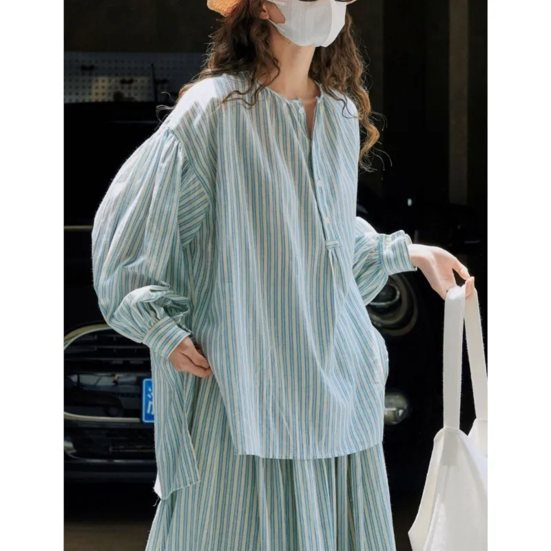 Johnature Summer New Striped Lantern Sleeve Shirt Loose Comfortable Sun-protective Pure Cotton Casual Pullover Blouses For Women