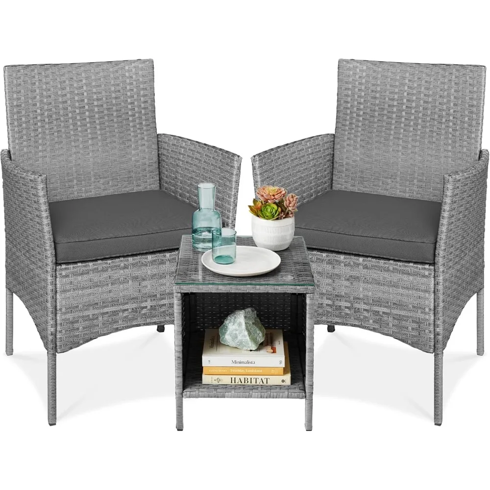 Best Choice Products 3-Piece Outdoor Wicker Conversation Bistro Set, Space Saving Patio Furniture for Garden w/Side Table - Gray