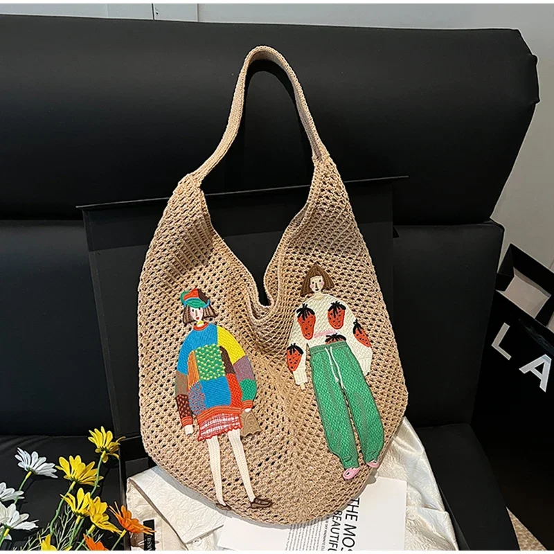Hohle gestrickte Umhängetasche aus Netzstoff, Strandurlaub, lässige, schicke Cartoon-Einkaufstasche, leichte, lässige, gewebte Damenhandtasche mit Entspannung – Detail 10