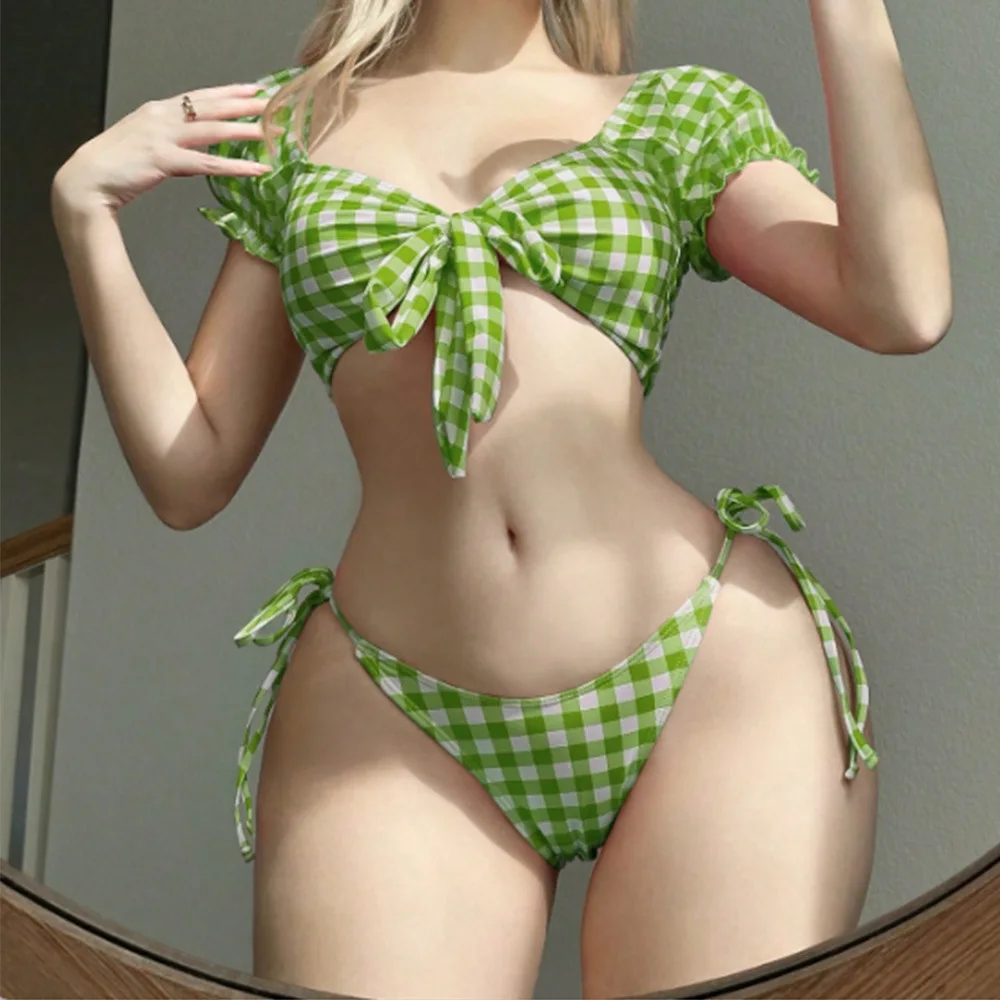 Cikini Women's Pink Plaid Short Sleeve Bikini Set, Swimwear Bathing Suit Beach Outfit Summer Vacation, Summer Beach Top