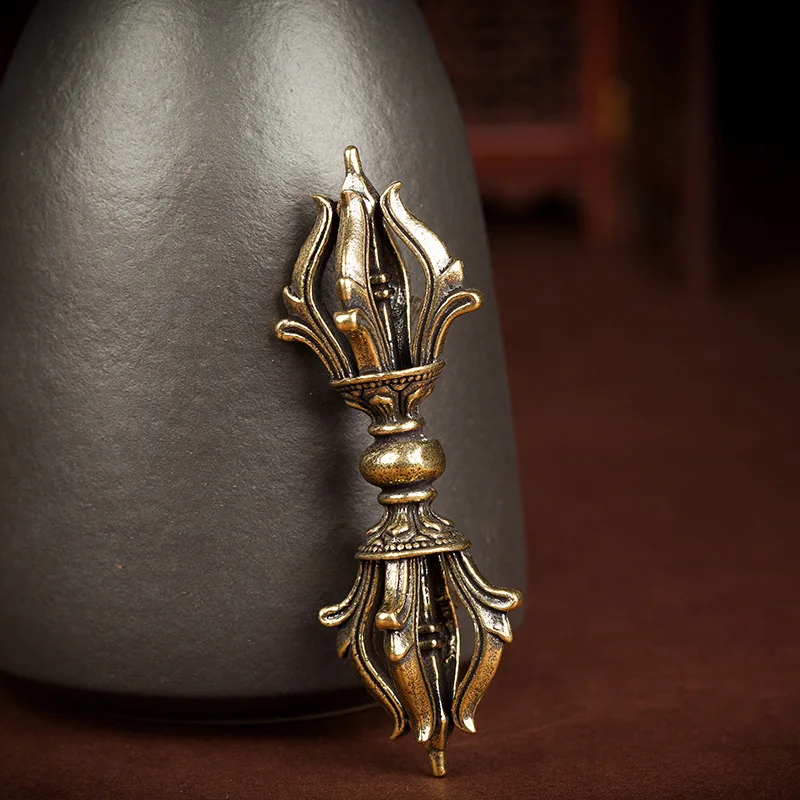 Brass Five-Pronged Vajra Demonic-Subduing Pestle, Tibetan Esoteric Handcrafted Copper Ornament, Antique-Style Craft