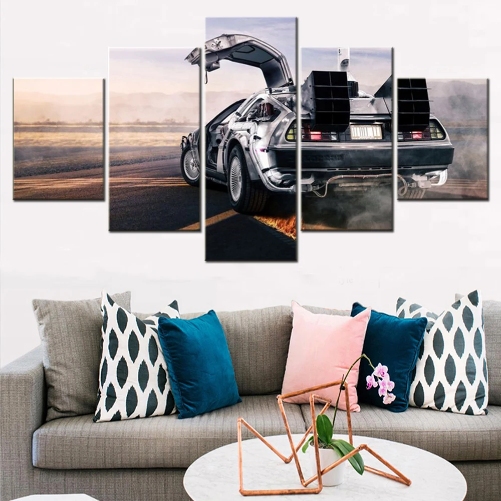 5 Pieces Wall Art Canvas Poster Car Back To The Future Delorean Wallpaper Painting Living Room Bedroom Picture Print Home Decor