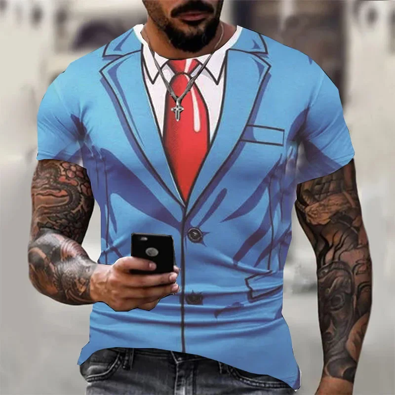 Camisetas de moda para hombre, traje con estampado 3d y patrón de corbata, Camiseta lisa de manga corta, ropa de calle, Tops