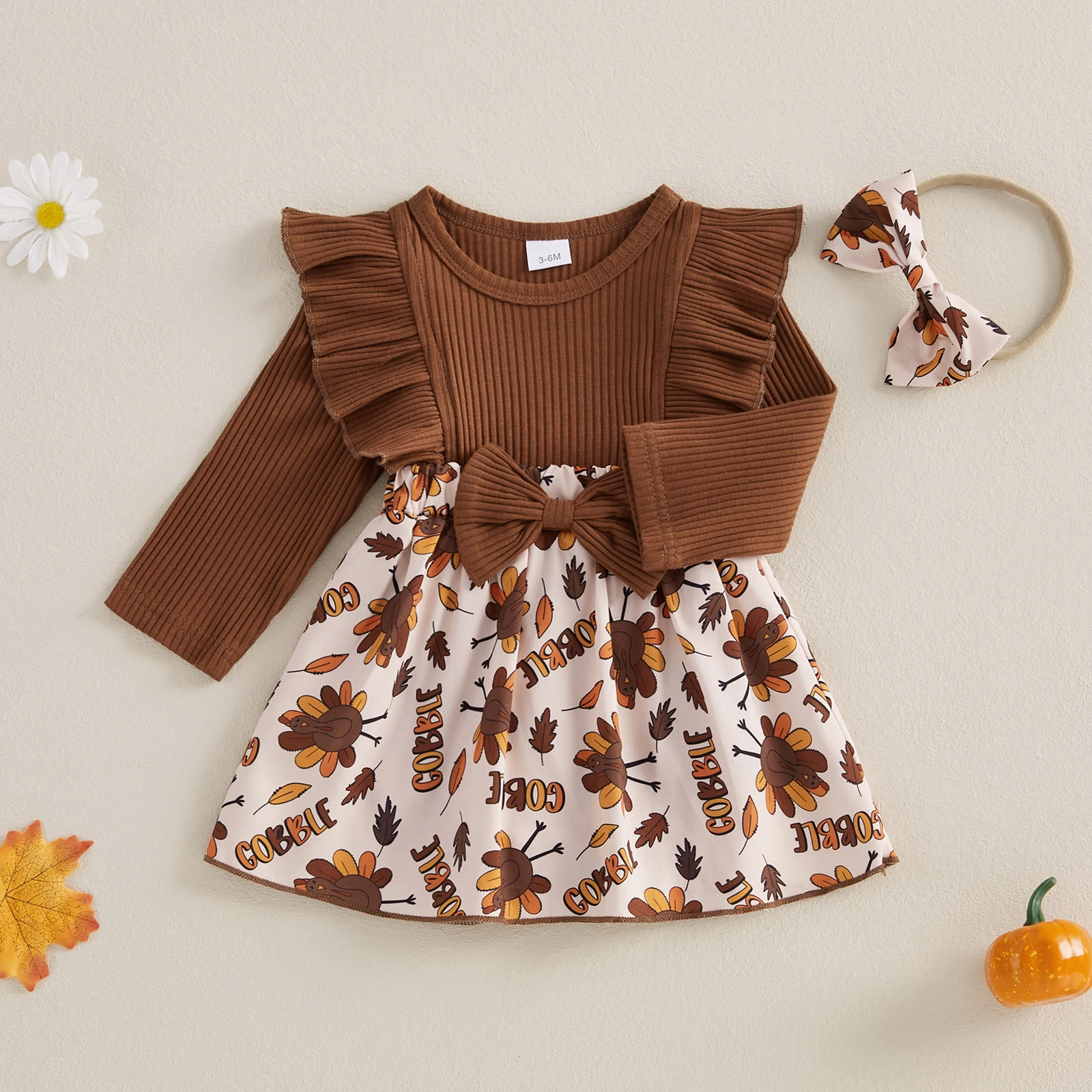 VISgogo 0-18 Months Baby Girl Thanksgiving Romper Dress Long Sleeve Turkey Print Skirt Hem Jumpsuit with Headband Outfits