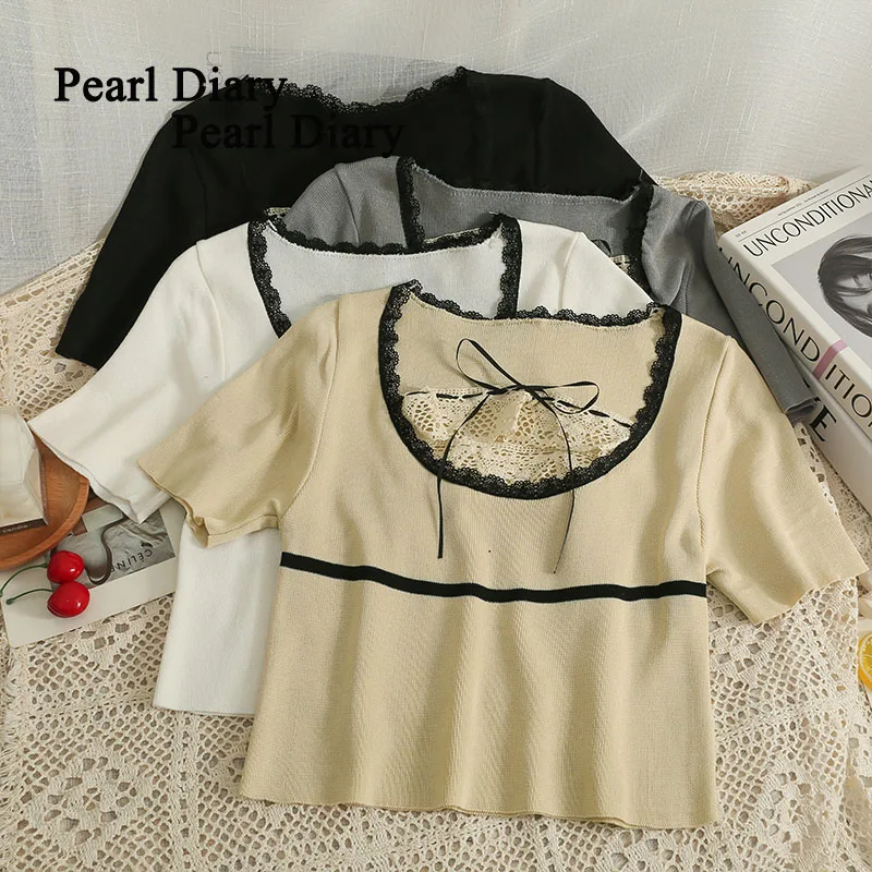 

Pearl Diary Women Lace Join Together Round Collar T-Shirt Chic Frenulum Bowknot Top Women Thin Short Sleeves Knitting Tops