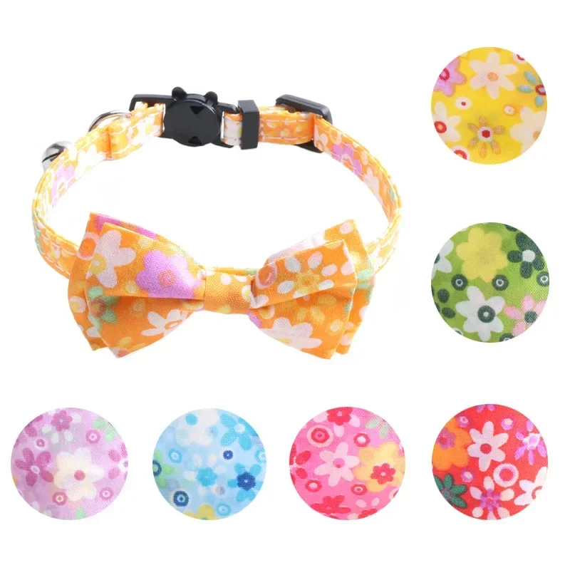 Floral Small Cat Collar Safety Breakaway with Bell Buckle Pet Collars Flower Cute Dog Chain Bowknot Adjustable Puppy Accessories