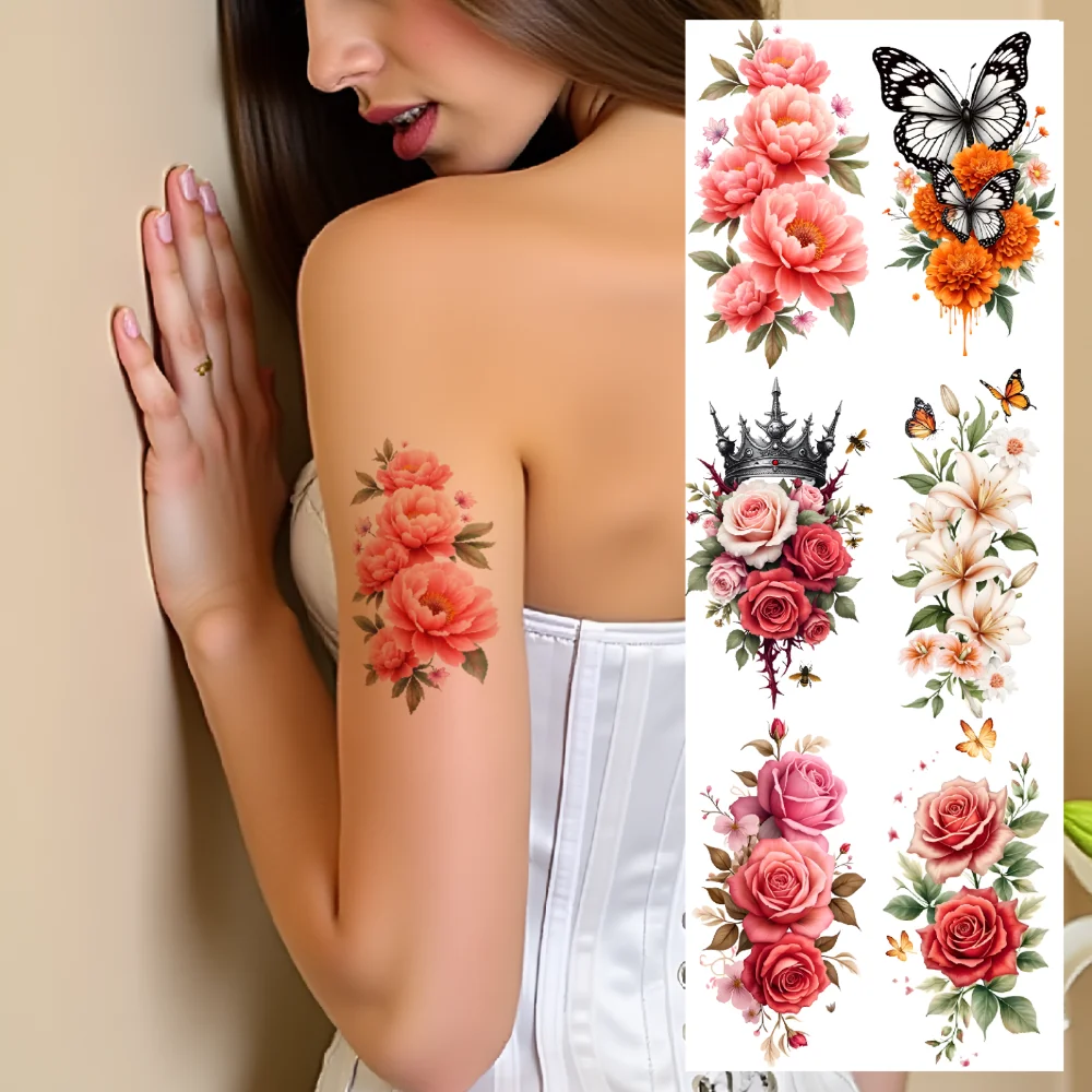 9 قطعة الوشم المؤقت الأزهار مقاوم للماء طويلة الأمد ارتفع فراشة الفاوانيا زهرة الجسم ملصق الكبار لصاقات وشم لساق الذراع