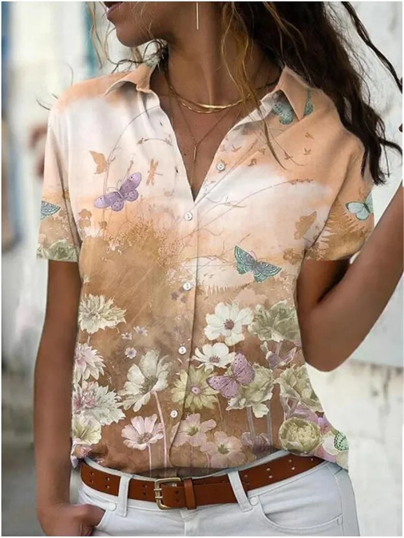 Elegant Short Sleeve Butterfly flowers Pattern Women Shirts Summer New Short Sleeve 3D Gradient Printed Street Ladies Blouse 3XL