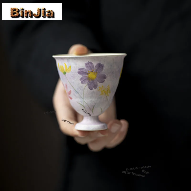 BAEJORIA 80ML Hand-painted Galsang Flower Teacup Handmade Oil Painting Violet High Footed Cup Women's Master Cup Teaware