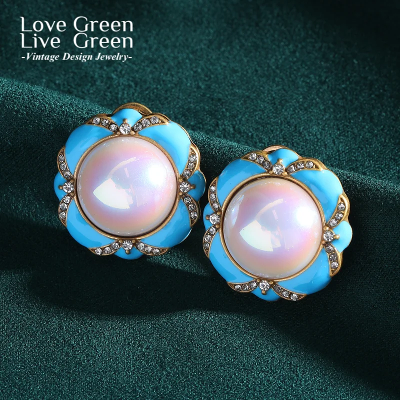 

Vintage Big Pearl Stud Earrings Blue Enamel Shell Flower Petal Jewelry Designer Luxury Wedding Bridal For Woman Christmas 2025