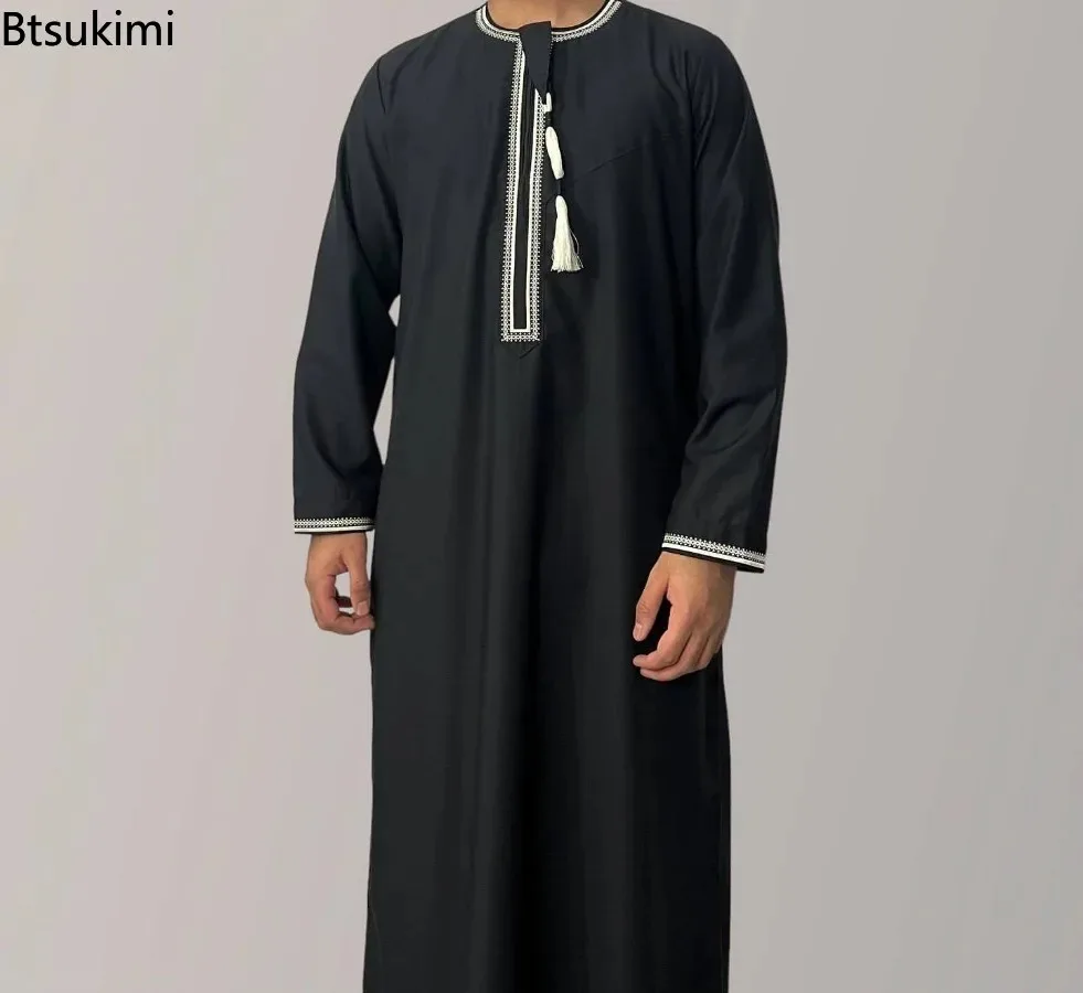 2026 Muslim Men Long Sleeve Pullover Abaya Dress Daffah Jubba Thobe Pakistan Saudi Arab Kaftan Islam Clothing Prayer Robe Afghan