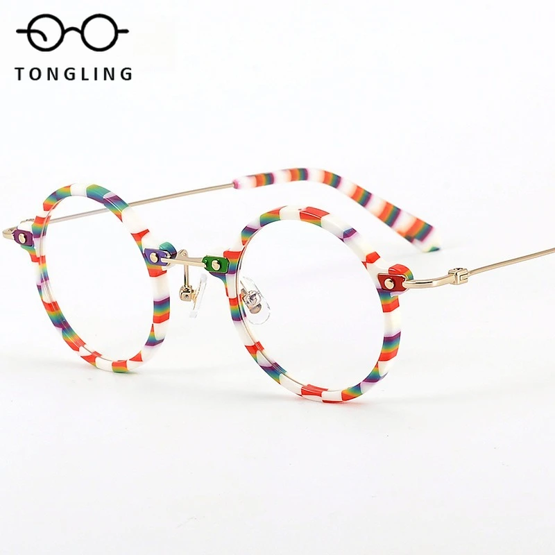 Fashionable Women Handcrafted Colorful Ultra-Light Pure Titanium Round Men Artistic Commuting Personality Hip-Hop Glasses Frame