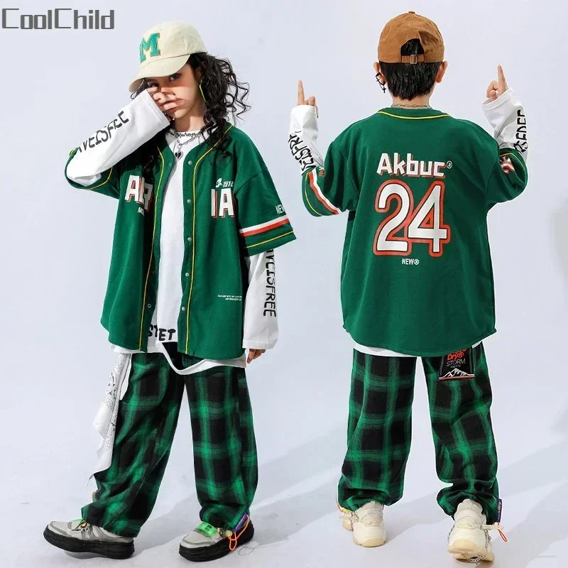 Boys Hip Hop Baseball Jacket Plaid Joggers Pants Girls Street Dance Cool Coat Streetwear Children Jazz Clothes Set Kids Costumes