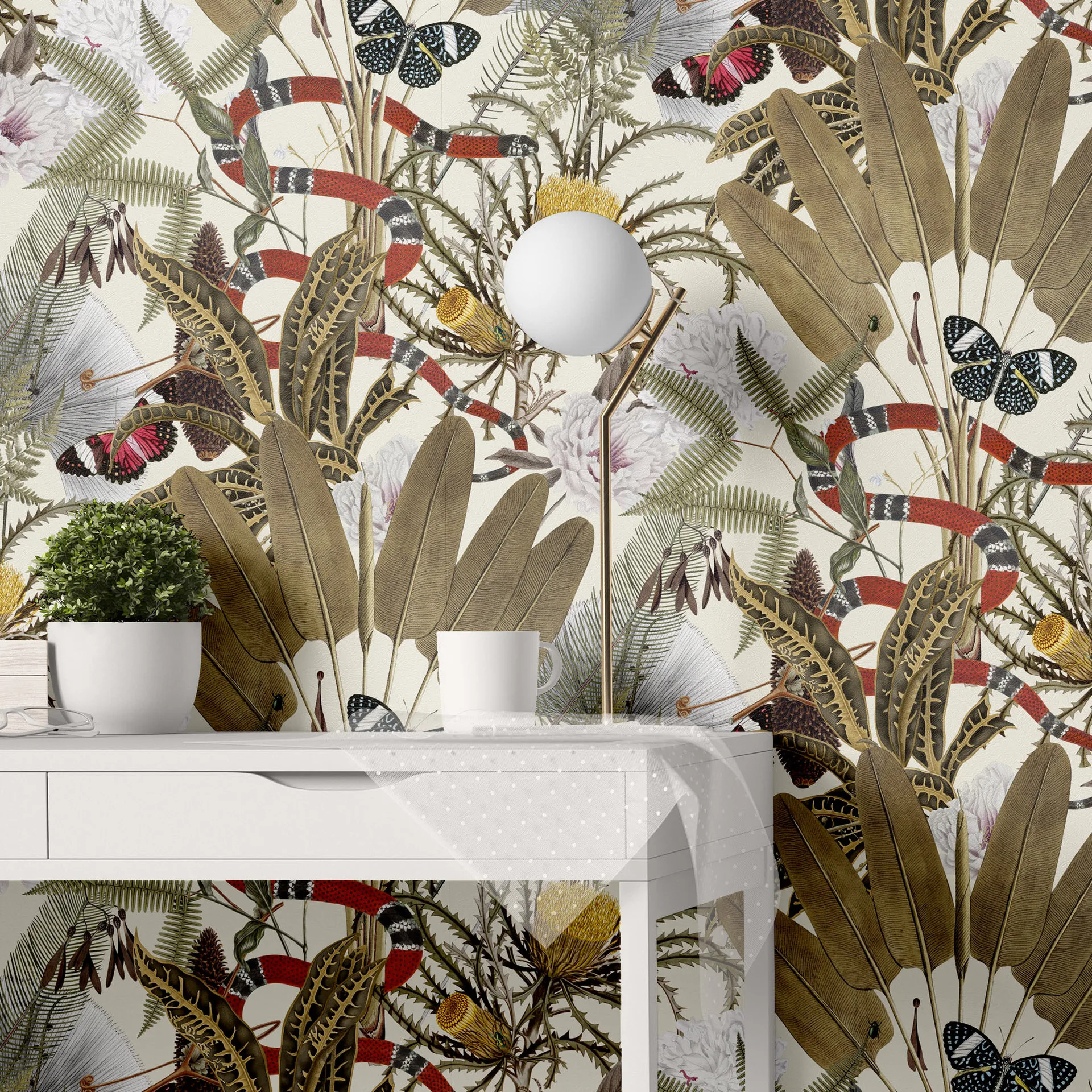 ألواح حائط على شكل فراشة ثعبان - ورق جدران قابل للإزالة بملمس نباتي استوائي، قشر وعصا ذاتية اللصق لتجديد المنزل