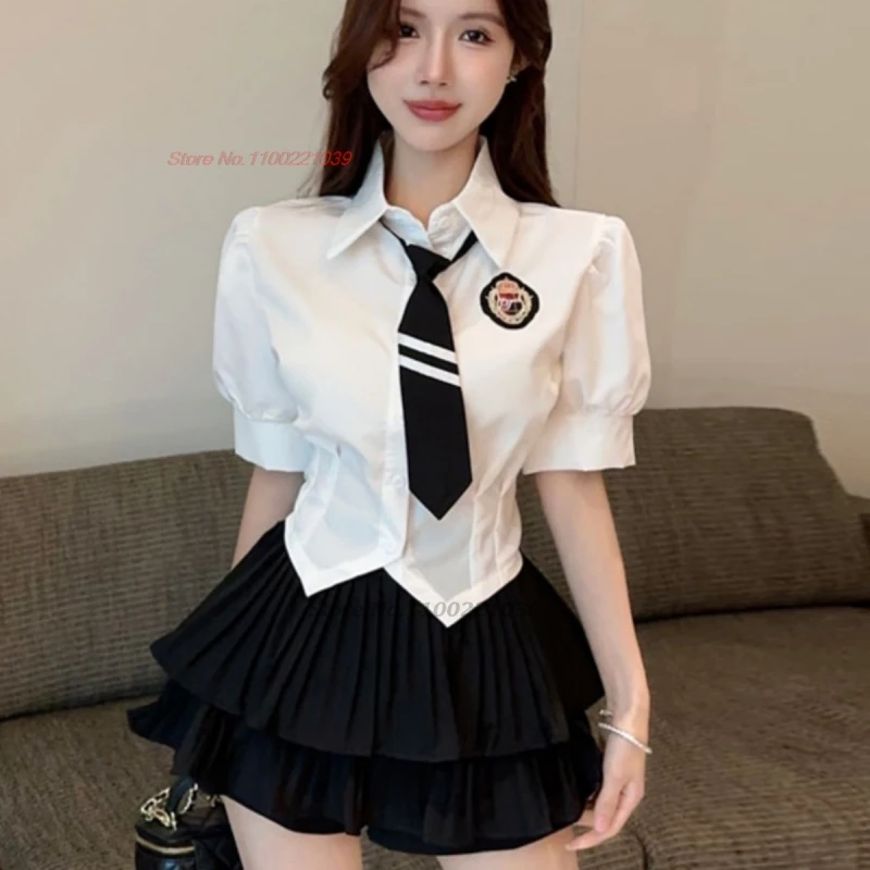 2024 sweet girls' preppy daily jk uniform set 2 pieces japanese korean student short sleeve blouse+bow+plaid pleated skirt set