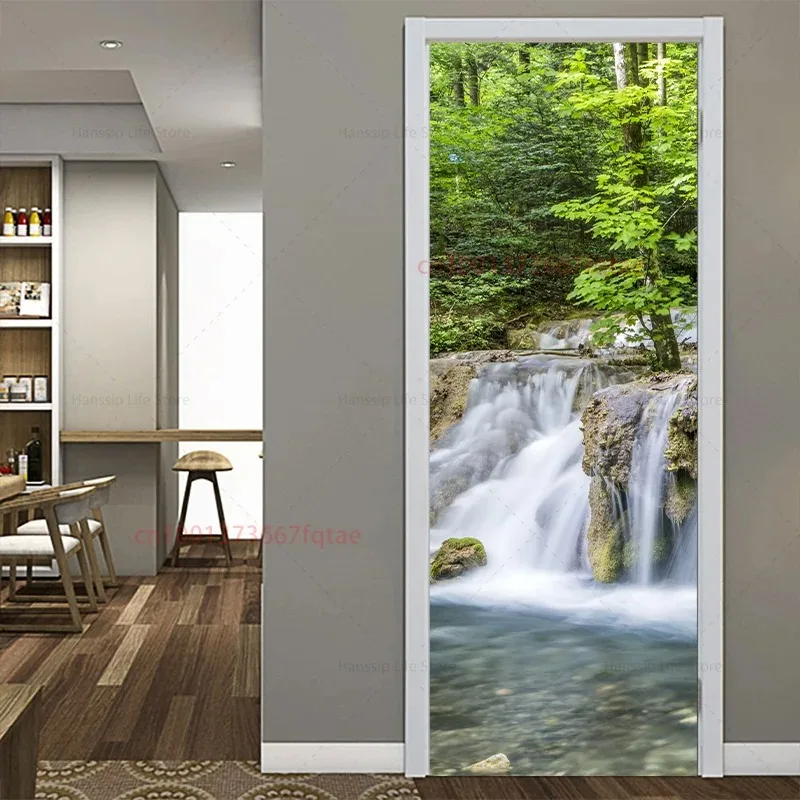 Natural Waterfall Forest Scenery Door Sticker Waterproof PVC Removable Landscape Wallpaper Home Room