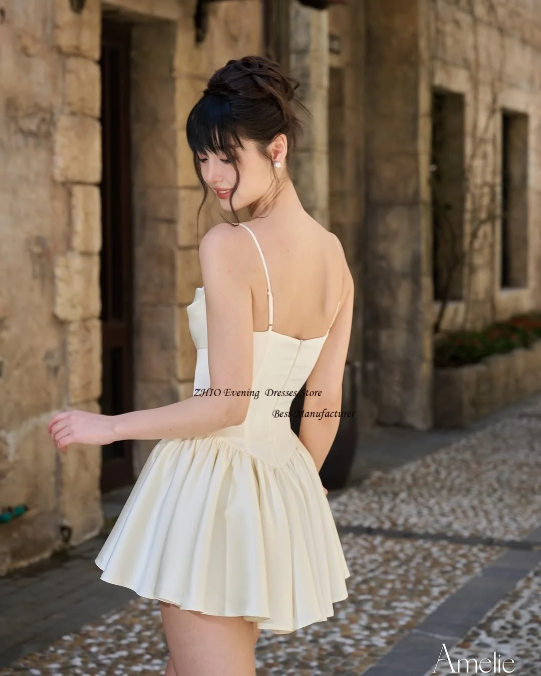 ZHIO Mini raso 3D fiore una linea abito da sera abito senza spalline innamorato backless corto abito da cocktail Porm personalizzato