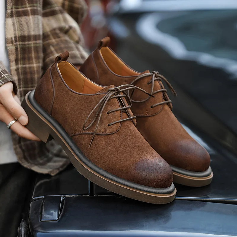 New Fashion Men Suede Leather Shoes Vintage British Tooling Ankle Shoes Outdoor Work Business Shoes Loafers Casual Dress