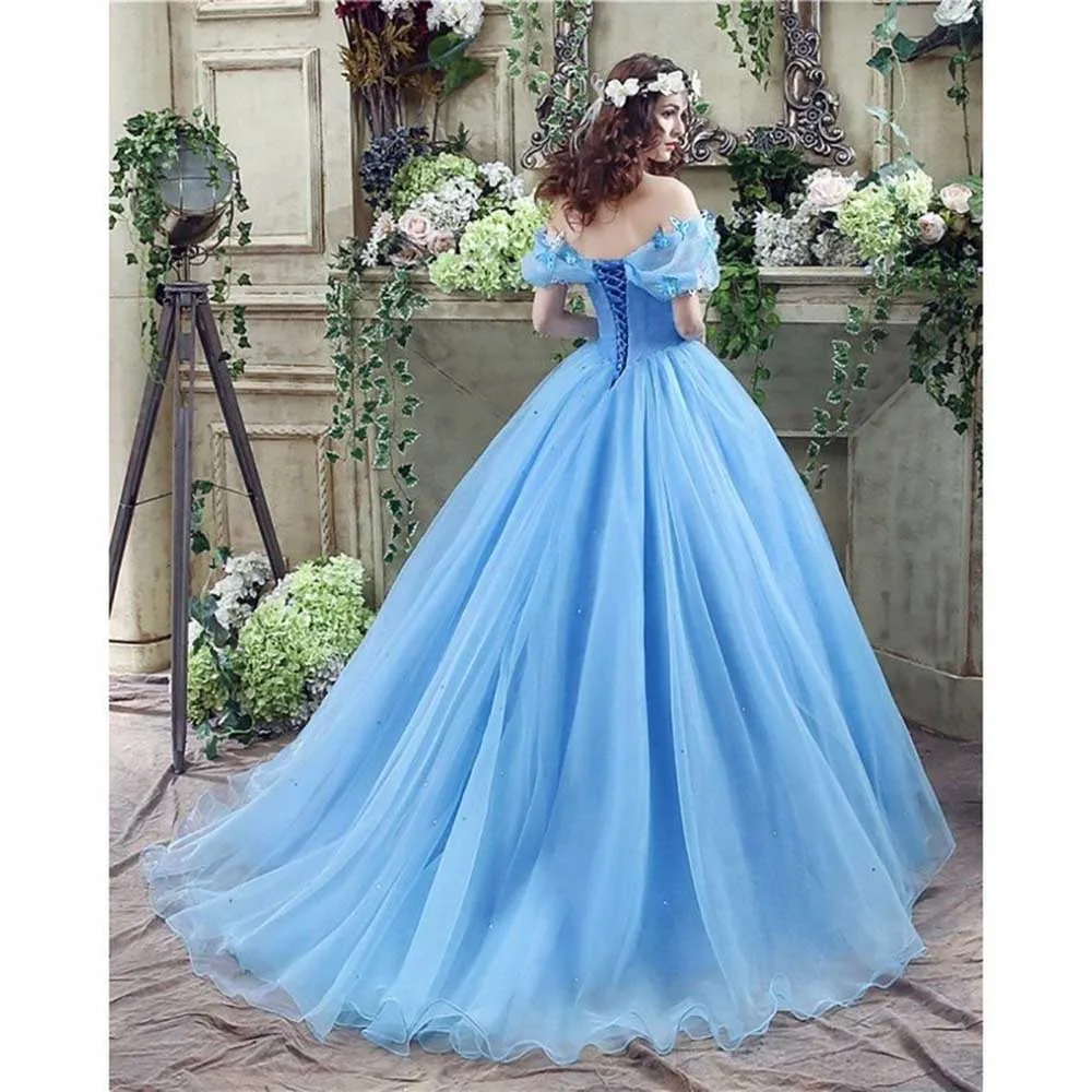 Lusso squisito 15 abiti blu Quinceanera con spalle scoperte lunghezza pavimento A-Line principessa abiti da ballo per donne giovani di fascia alta