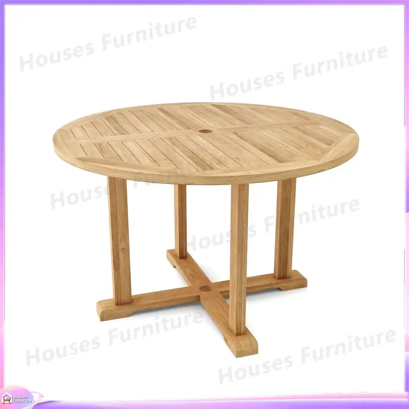 47 Inch Round Outdoor Dining Table Solid Teak Wood Modern Patio Garden Furniture Waterproof Weather Resistant Exterior Deck