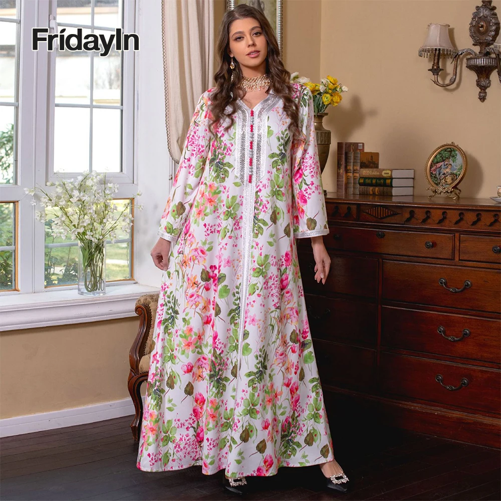 

Fridayin Muslim Abaya All Seasons Sweet Party Long Dresses for Women V-neck Printing Color Contrast Snug Skirts Kaftan for Lady