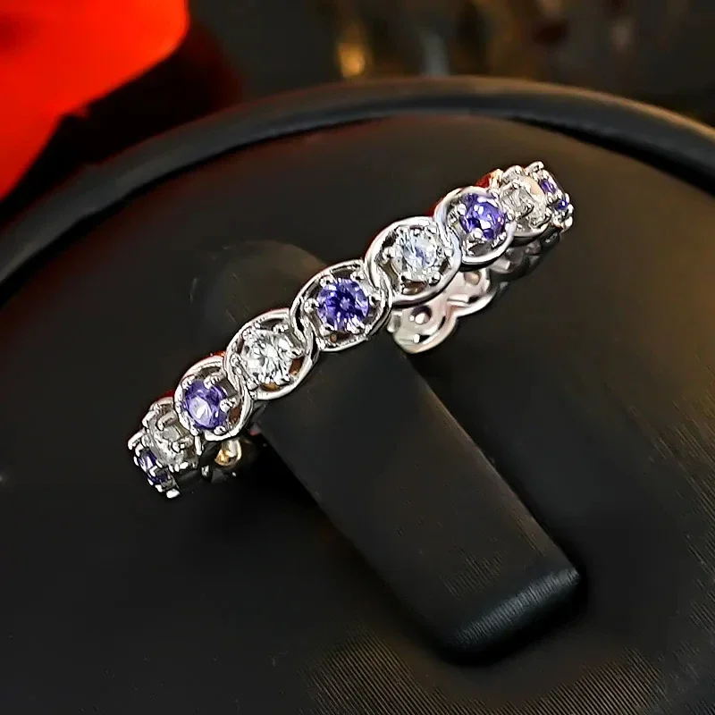 New Violet Full Diamond 925 Silver Row Diamond Ring Set with High Carbon Diamond Stacking, Stylish and Versatile for Women