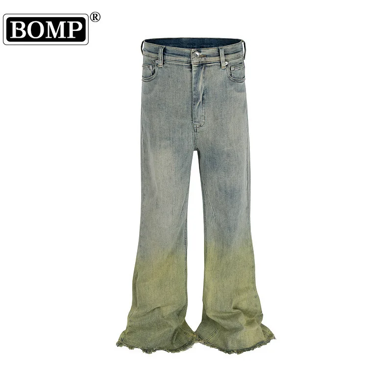 Style Vintage Gradient Yellow Green Micro Flared Jeans Washed Wide Leg Stacking Unisex Pants