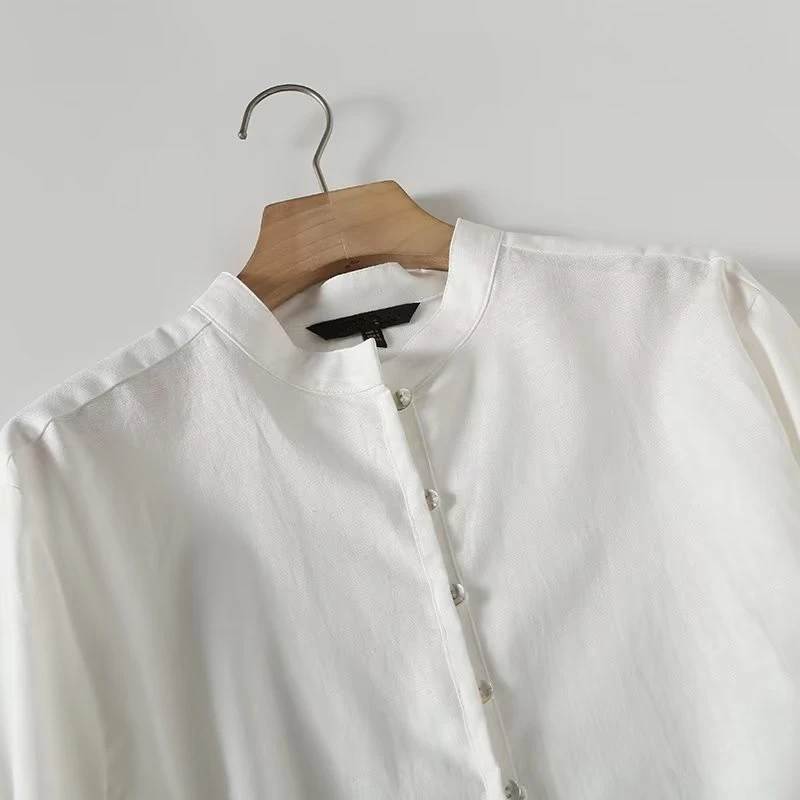 Jenny&Dave Fashion Elegant Ladies Summer Shirt Women Loose Japanese Style Simple Stand Collar Cotton Linen Casual Blouse