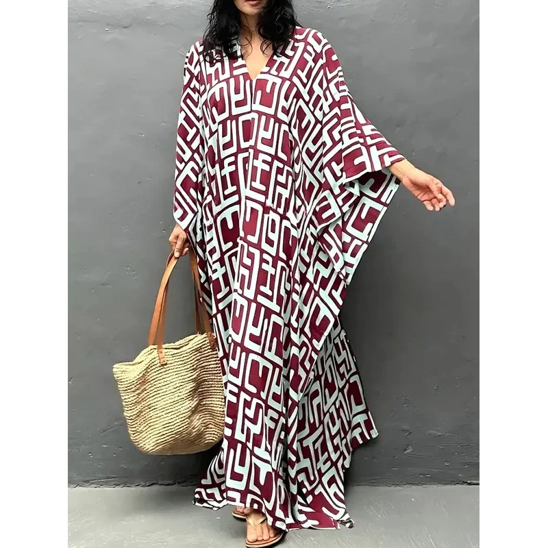 Kaftans Dresses for Women Geometric Printed Plus Size Beach Cover Ups for Swimwear V Neck Summer Holiday Outfits Dropshipping