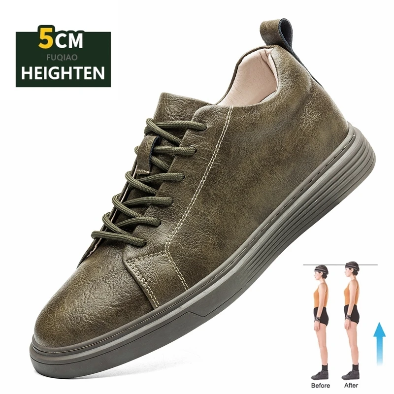 Unisex Genuine Leather Big Size Height Increasing Shoes 5cm Inner Elevator Shoes Comfortable Soft Sole Couple Elevator Sneakers
