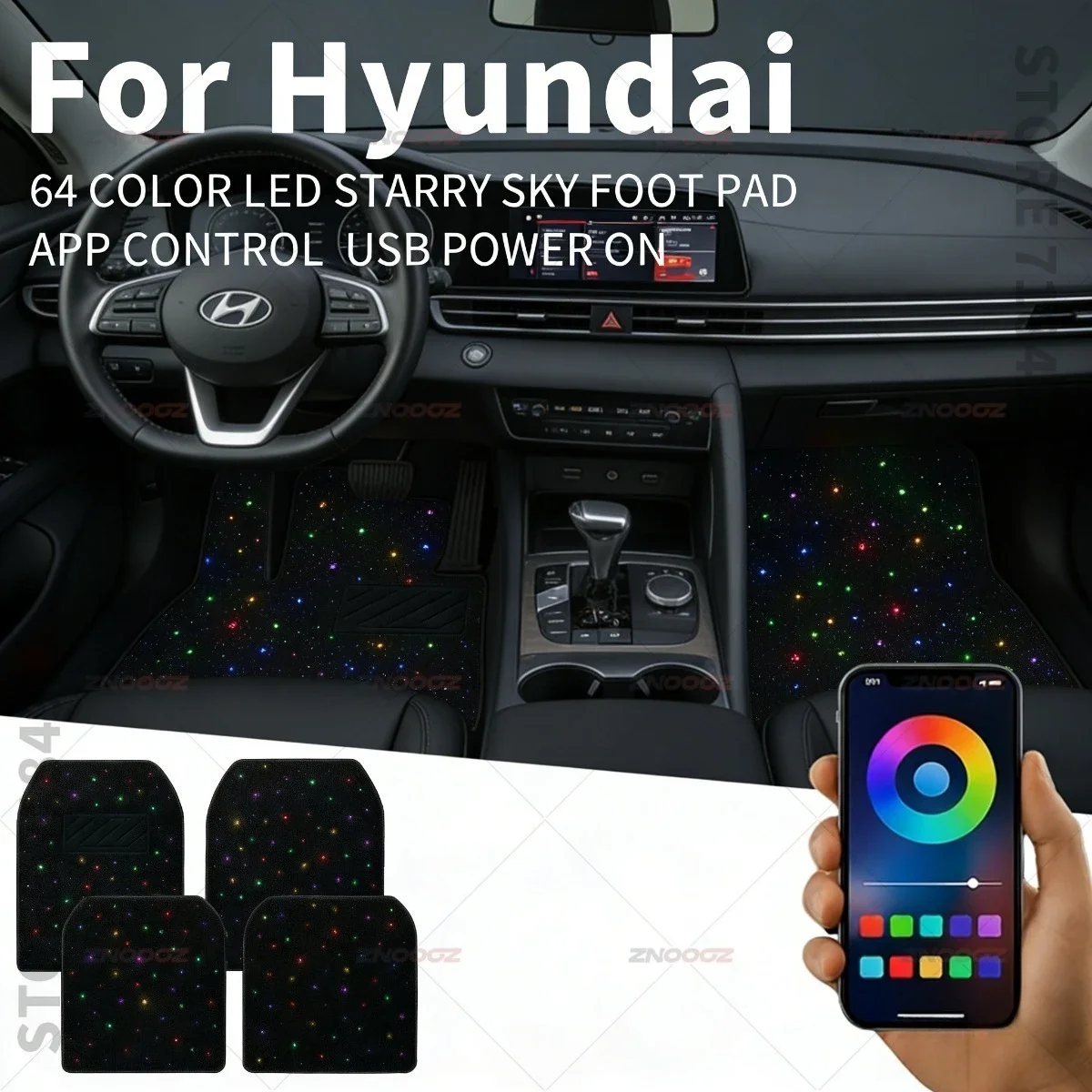 For Hyundai Accent Veloster Creta Nexo Stargazer H1 IONIQ5 IONIQ6 IONIQ7 i20N USB Car LED Starry Sky Foot Mat DIY Can Be Cut