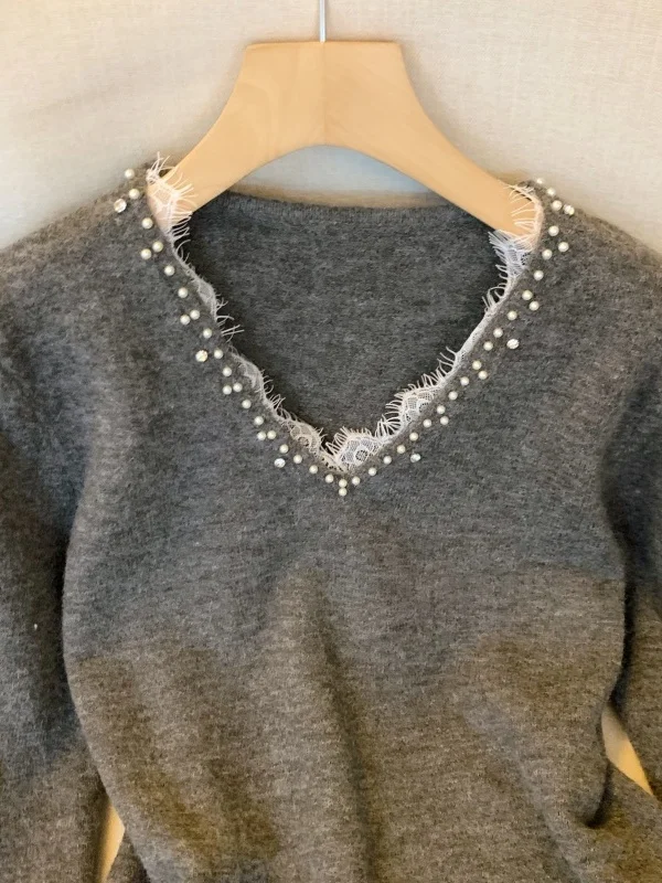 ey الدانتيل الربط فضفاض محبوك V-Ne المرأة الخريف الشتاء الثقيلة مزين الماس قاعدة سترة مريحة تريكو #5