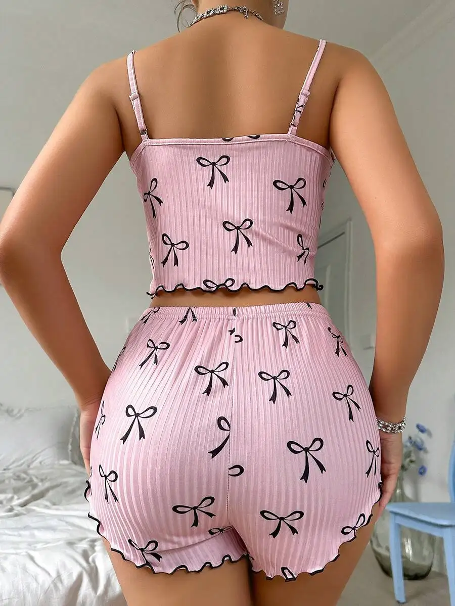 

Pink Bow Print Camisole And Shorts Pajama Set For Women