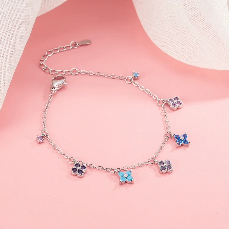 925 Sterling Silver New Multicolored Four-Leaf Clover Sparkle Diamond Bracelet and Anklet for Women Necklace Accessories Gift