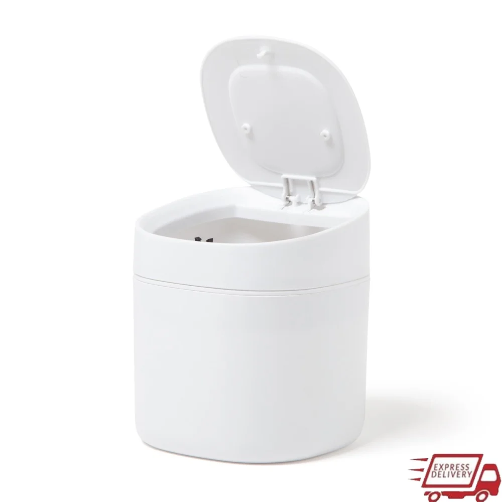 سلة مهملات صغيرة مدمجة، سلة مهملات للمكتب الداخلي، تصميم دائري، إغلاق علوي، خفيف الوزن، سعة 2 لتر، حرفة حمام مثالية للسيارة #1