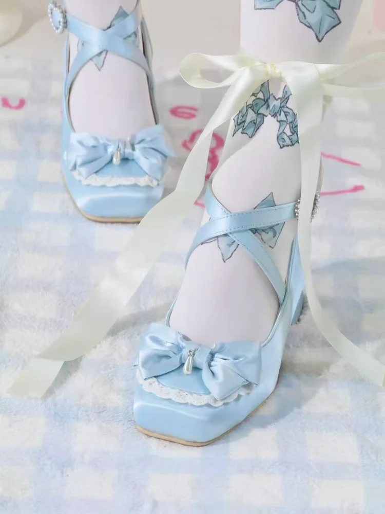 

Ballet Style Satin Square Toe Shoes Original Lolita Elegant Cla Series Women's Shoes High Heels Bow Girls' Shoes