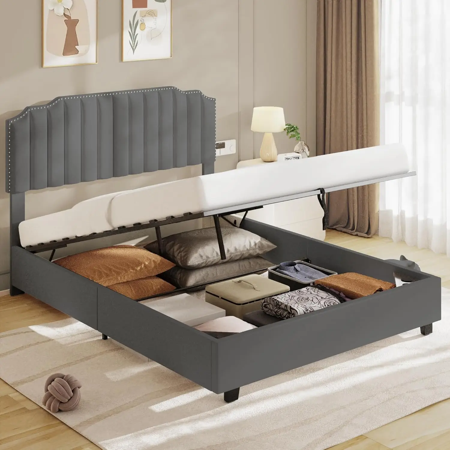 Queen Size Lift Up Storage Bed Frame, Upholstered Platform Bed With Adjustable Tufted Headboard, Hydraulic Storage, Easy