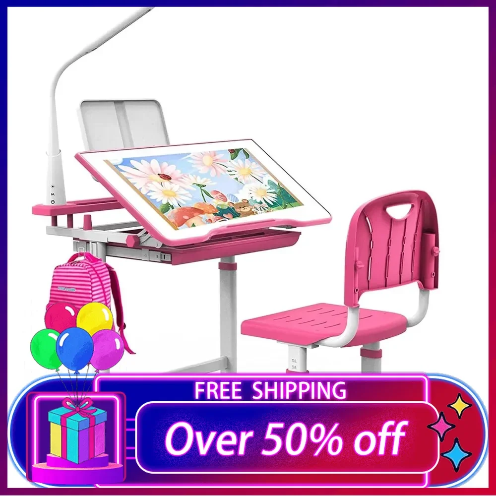 

Kids Desk and Chair Set Multi Functional School Desk for Kids 5-8 Years Kids Study Desk with 40 Degree Tiltable Desktop