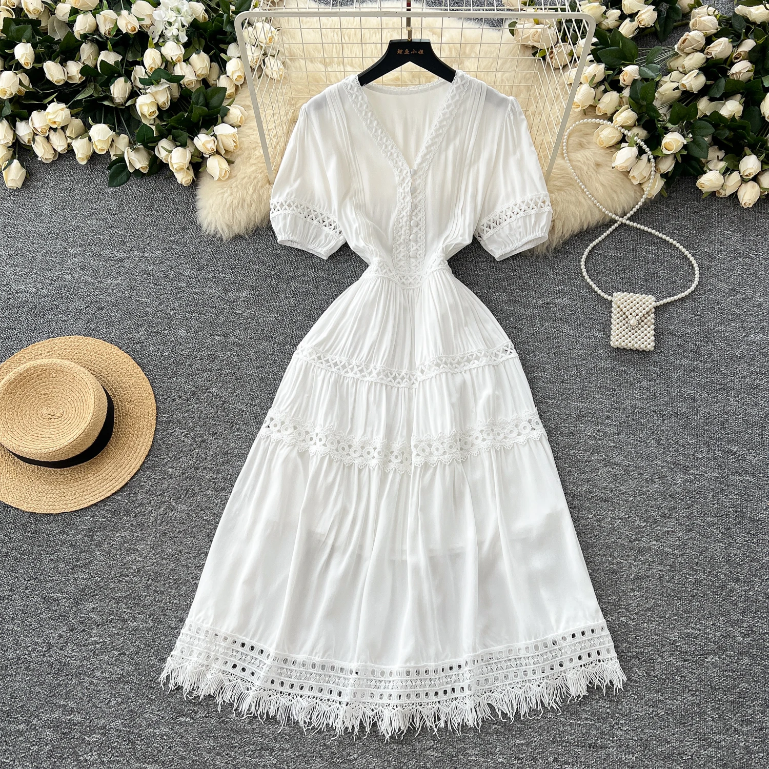 Elegant Short Puff Sleeves Fashion V-Neck Sweet Lace Spliced Tassel Slim Fairycore Dresses French Vacation High Street Clothing