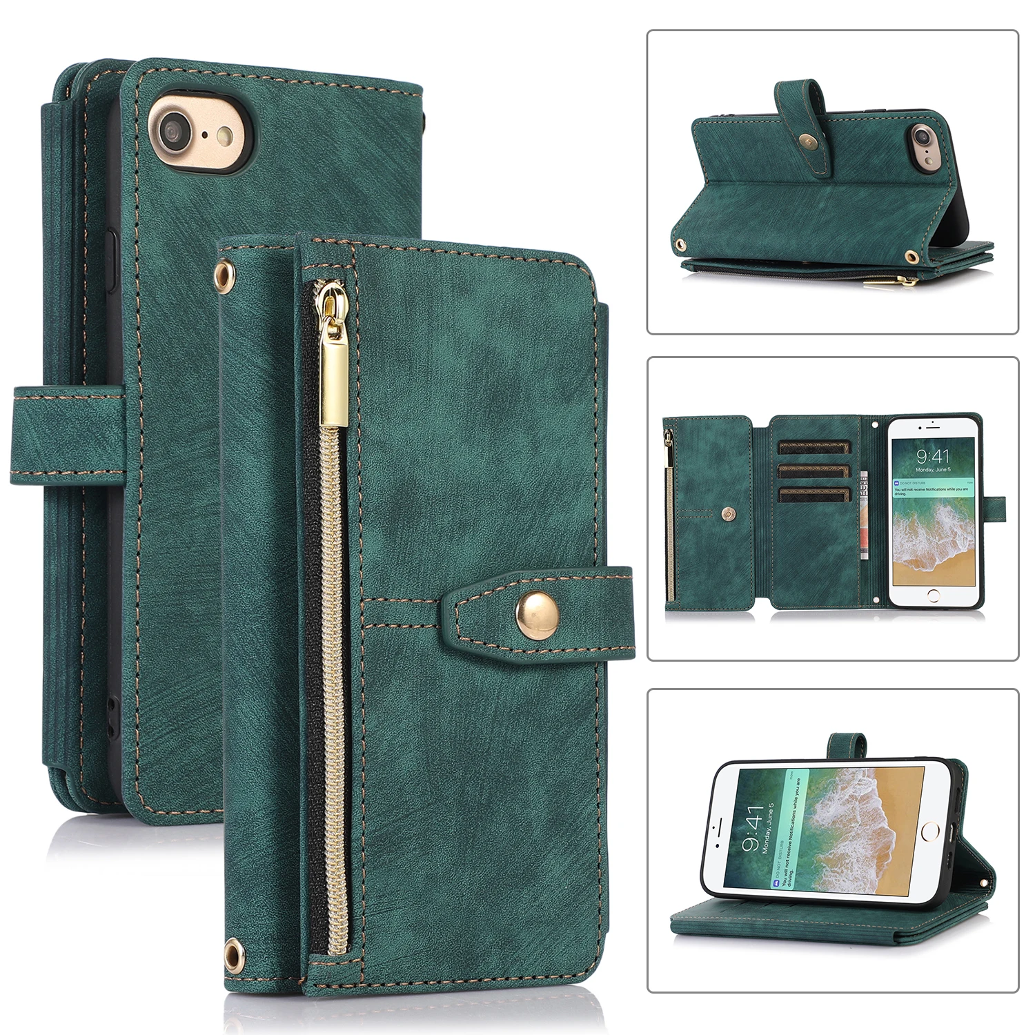 O2*Dream zipper Leather Case Flip Wallet Phone Case for iPhone6/6s/7/8/14/15/16/X/XS/XR Plus Max MINI