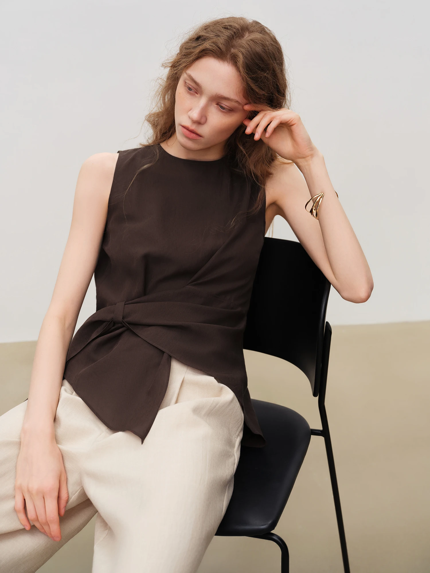 Asymmetric Waist-Cinching Sleeveless Blouse - Old Money Office Top