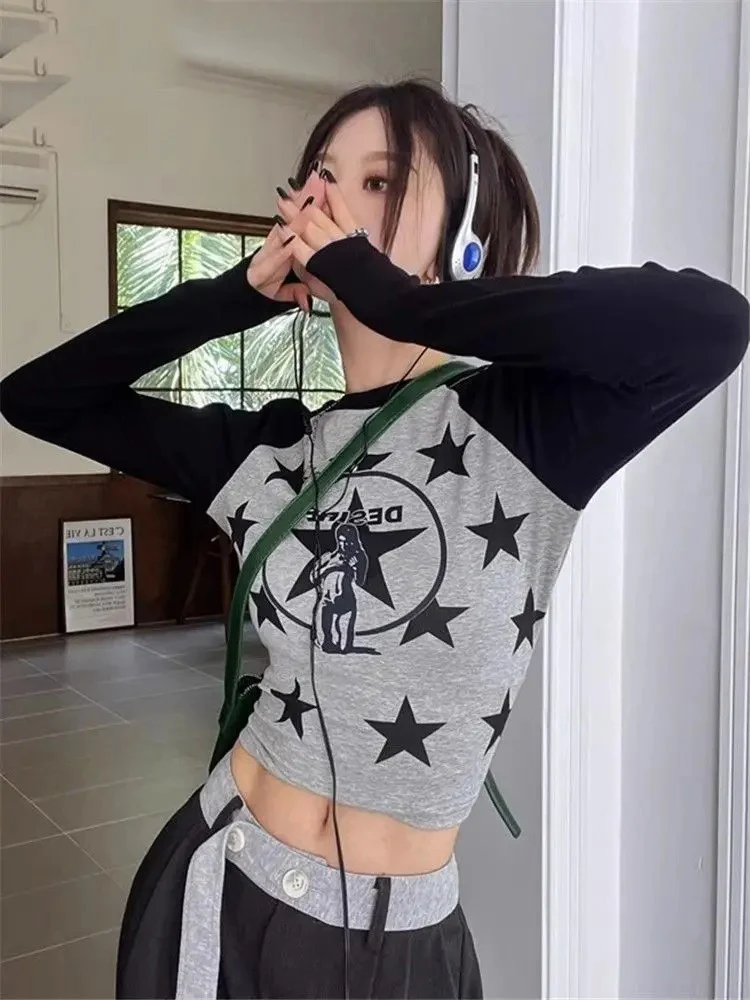 المرأة تي شيرت كم طويل ستار مطبوعة الخريف موضة سليم مثير المحاصيل القمم التباين موضة Y2k أنثى عادية تي شيرت #1