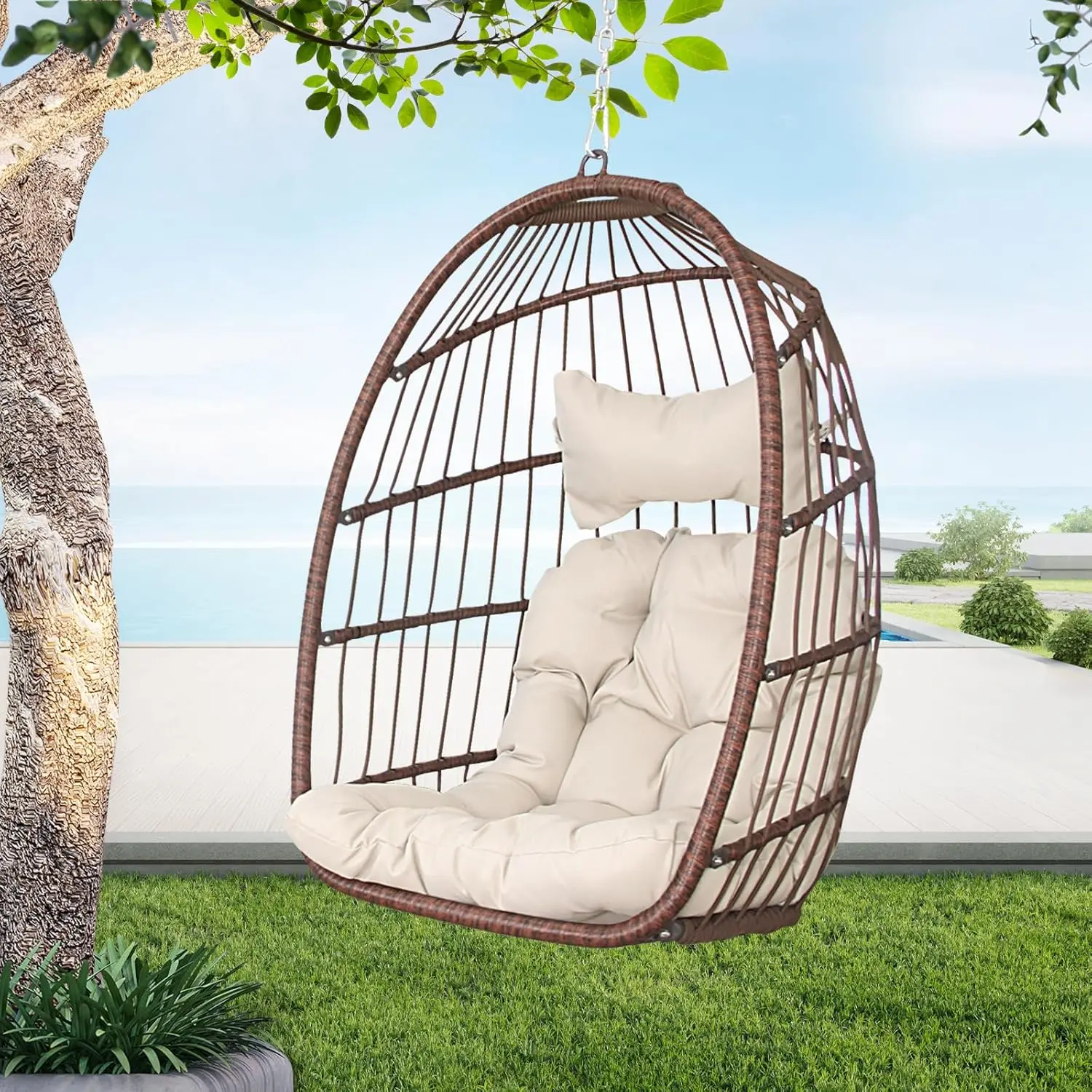 

Egg Chair Without Stand Indoor Outdoor Wicker Rattan Patio Basket Hanging Chair no Stand with UV Resistant Cushions 265lbs