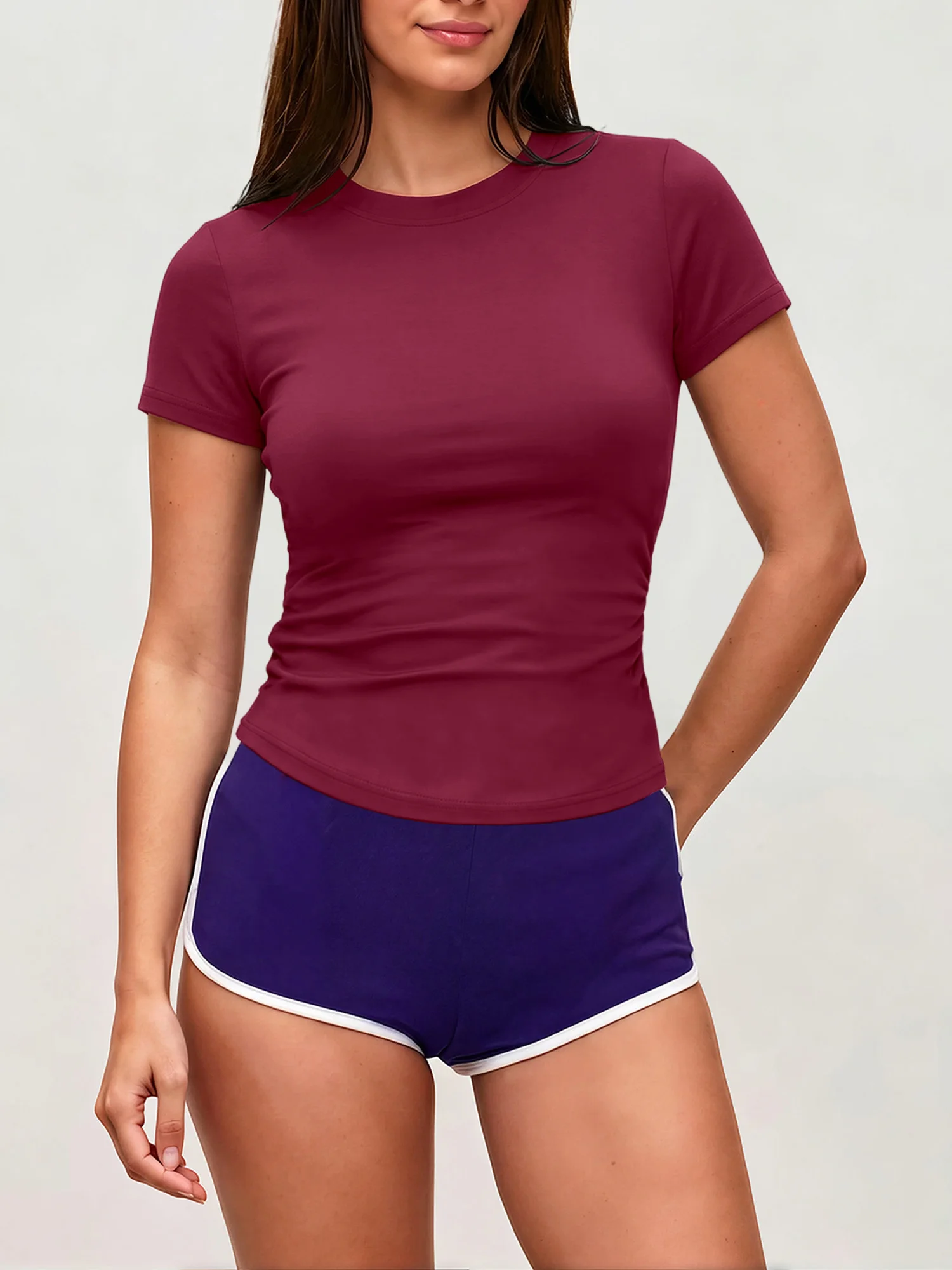 Daily Commute Women Short Sleeve T‑Shirt Crew Neck Solid Side Pleated Waist Elastic Body‑Fitted Knit Simple Ladies Tops