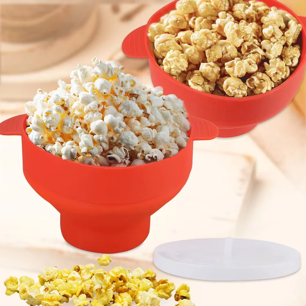 مع مقبض صانع الفشار القابل للطي مع غطاء وعاء الفشار في الميكروويف DIY قابل للطي سعة كبيرة من السيليكون